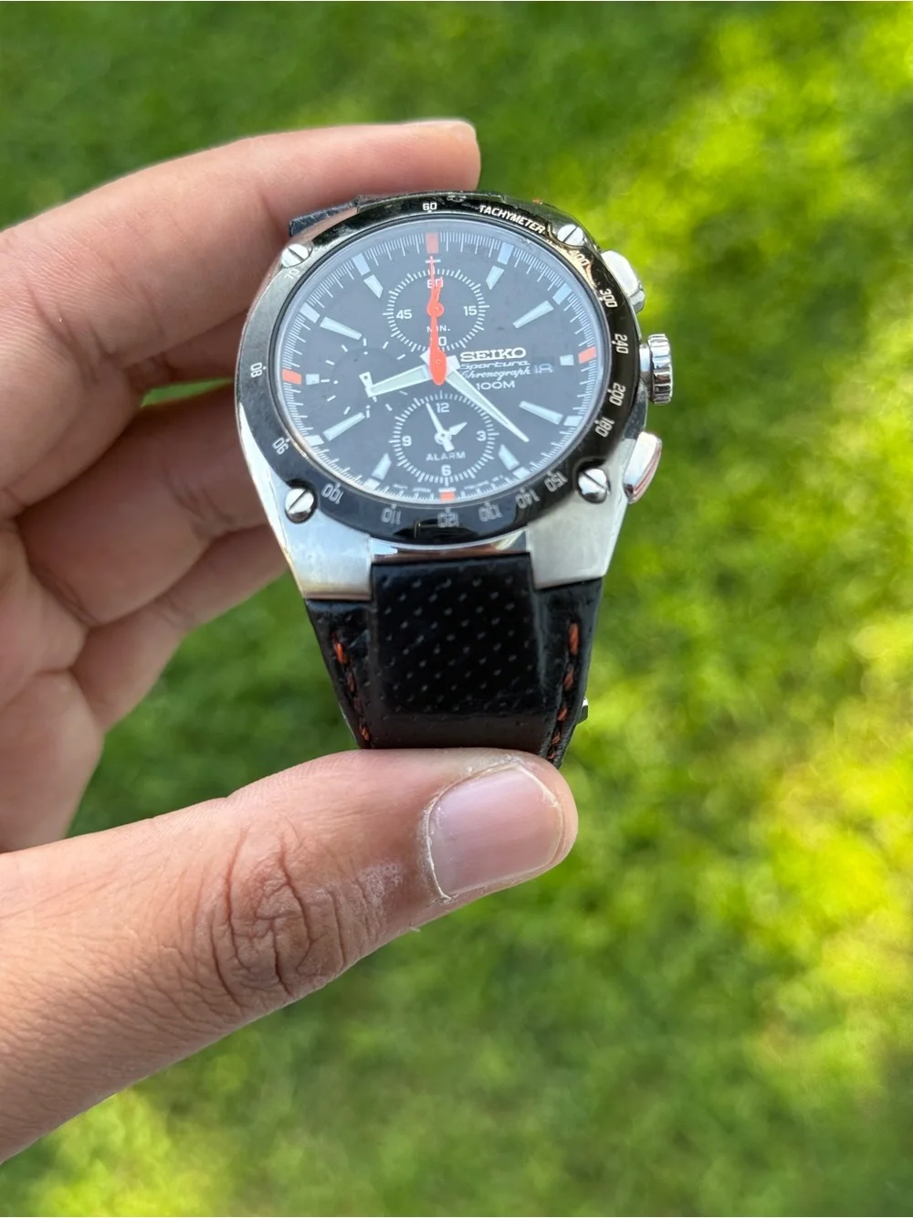 Seiko sportura Black Dial Men's Chronograph Watch with Orange Accents